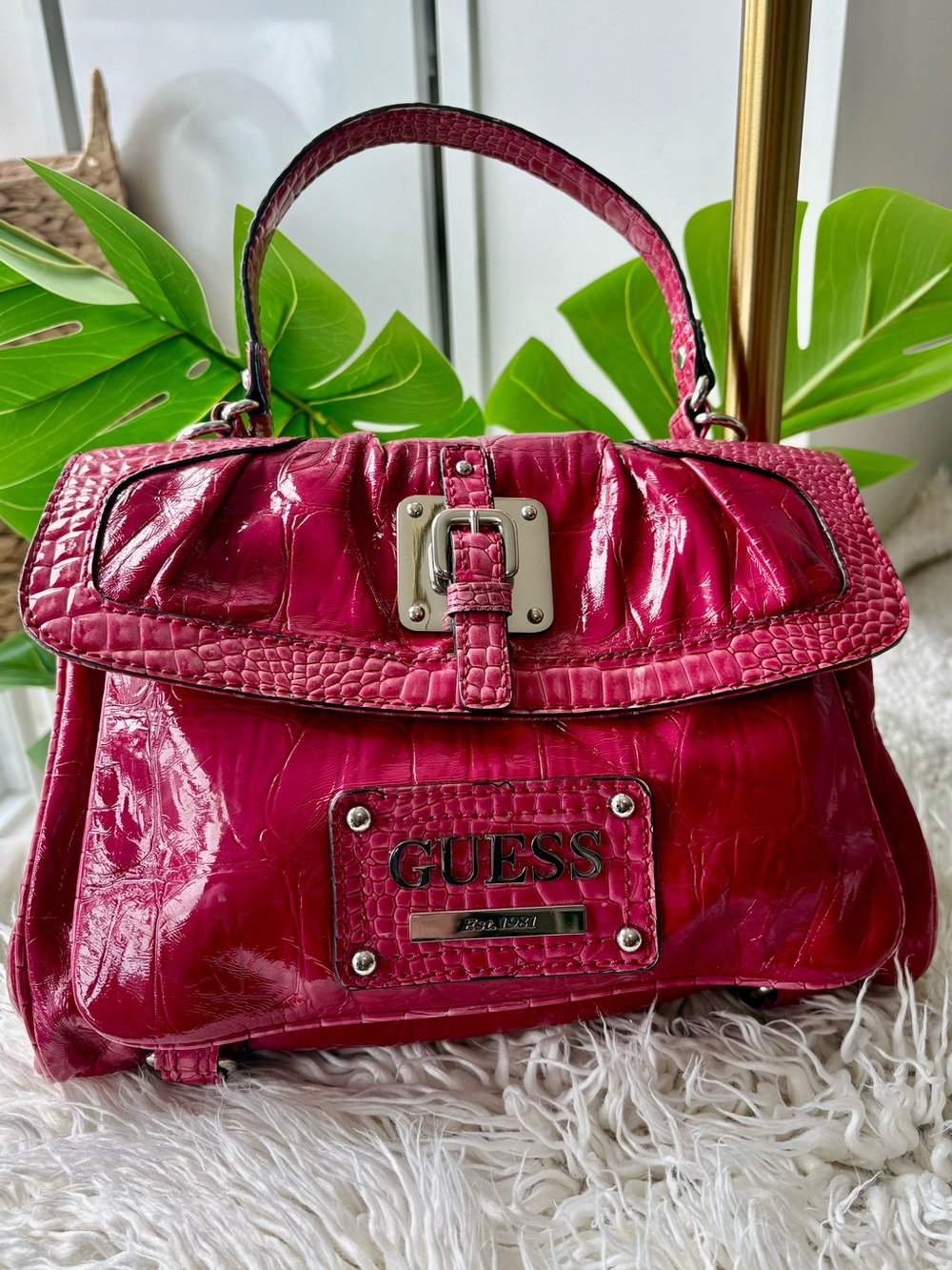 Vintage Y2K GUESS Hot Pink Faux Croc Patent Satchel Bag Buckle McBling Purse